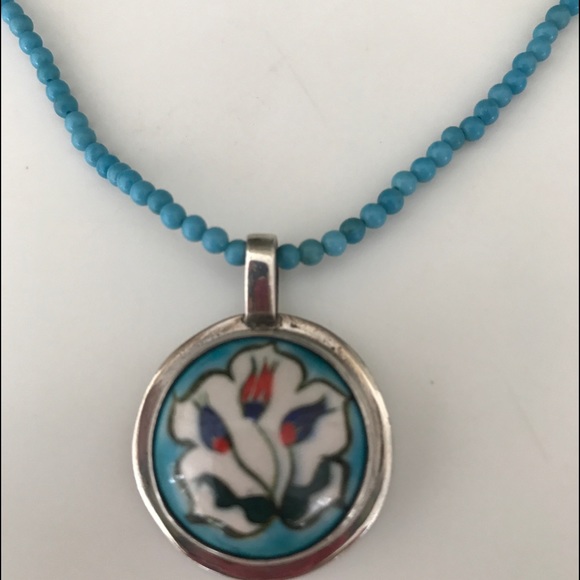 Handmade Jewelry - Handmade Fine Turquoise Beads /Silver Enamel Drop